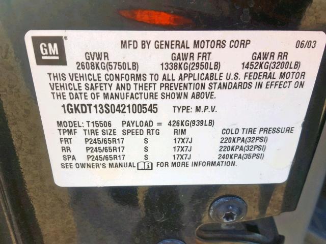 1GKDT13S042100545 - 2004 GMC ENVOY BLACK photo 10