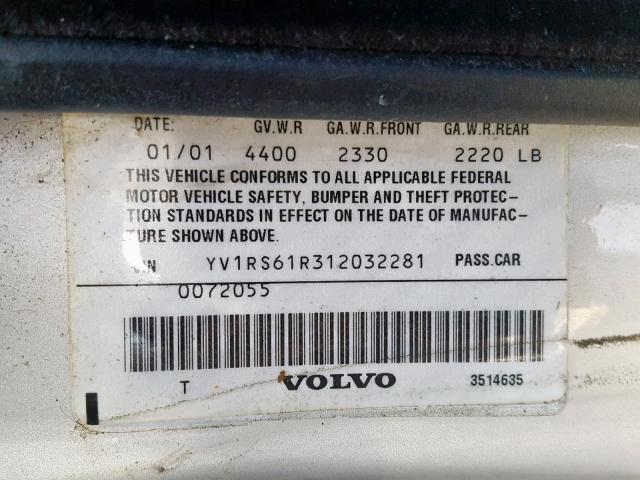 YV1RS61R312032281 - 2001 VOLVO S60 SILVER photo 10