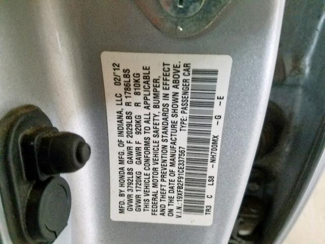 19XFB2F91CE337567 - 2012 HONDA CIVIC EXL ვერცხლისფერი ფოტო 10