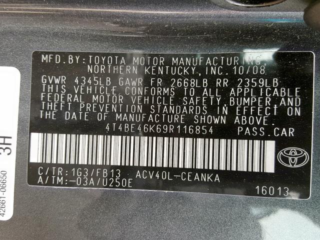 4T4BE46K69R116854 - 2009 TOYOTA CAMRY BASE GRAY photo 10