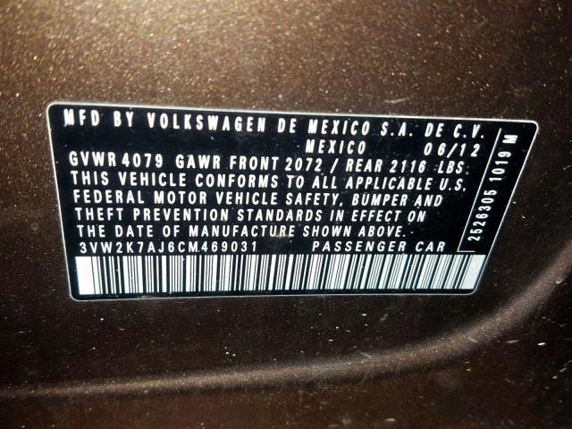 3VW2K7AJ6CM469031 - 2012 VOLKSWAGEN JETTA BASE BROWN photo 10
