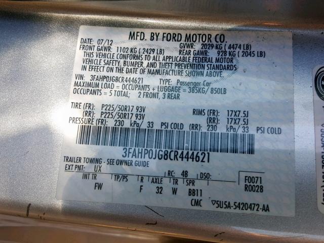 3FAHP0JG8CR444621 - 2012 FORD FUSION SEL SILVER photo 10