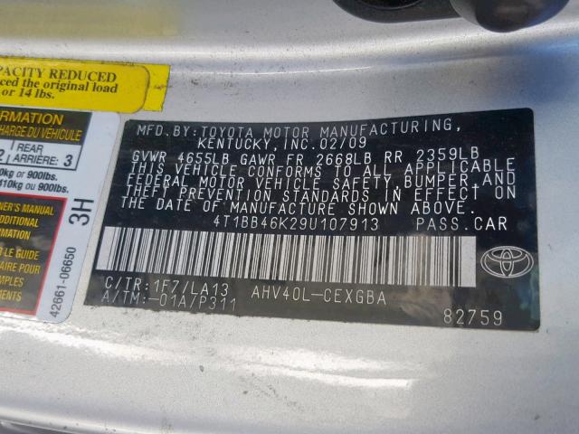 4T1BB46K29U107913 - 2009 TOYOTA CAMRY HYBR SILVER photo 10