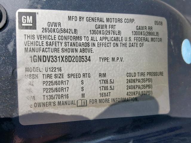 1GNDV331X8D200534 - 2008 CHEVROLET UPLANDER L 蓝色 照片 10