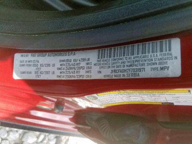 ZFBCFADH2FZ031971 - 2015 FIAT 500L TREKK RED photo 10