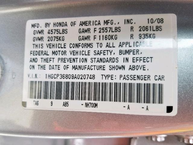 1HGCP36809A020748 - 2009 HONDA ACCORD EXL SILVER photo 10