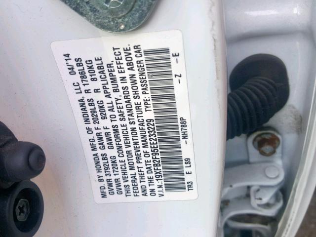 19XFB2F95EE233229 - 2014 HONDA CIVIC EXL WHITE photo 10