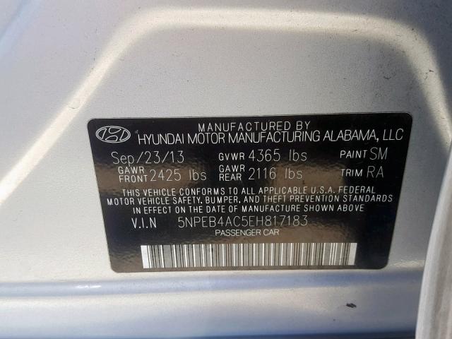 5NPEB4AC5EH817183 - 2014 HYUNDAI SONATA GLS SILVER photo 10