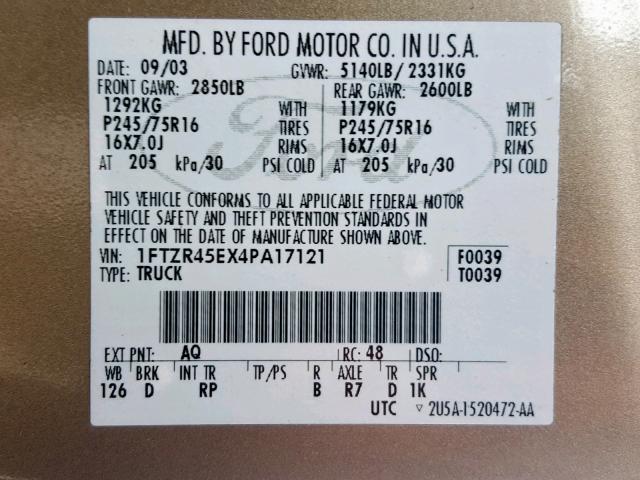 1FTZR45EX4PA17121 - 2004 FORD RANGER SUP TAN photo 10