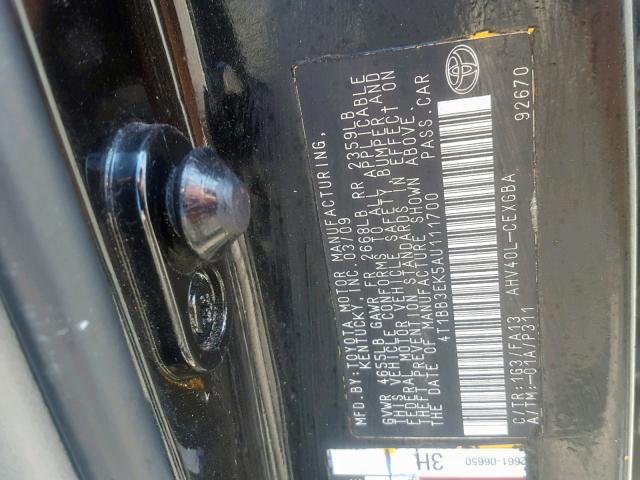 4T1BB3EK5AU111700 - 2010 TOYOTA CAMRY HYBR BLACK photo 10