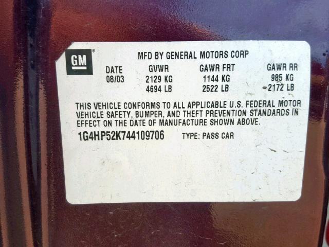 1G4HP52K744109706 - 2004 BUICK LESABRE CU BURGUNDY photo 10