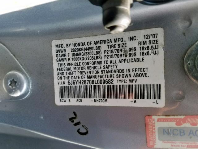 5J6YH28708L009682 - 2008 HONDA ELEMENT EX SILVER photo 10