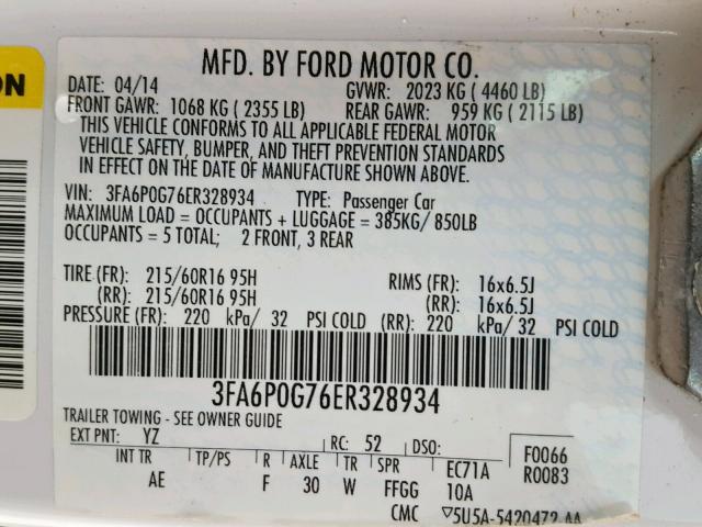 3FA6P0G76ER328934 - 2014 FORD FUSION S WHITE photo 10