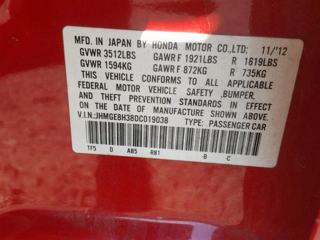 JHMGE8H38DC019038 - 2013 HONDA FIT RED photo 10