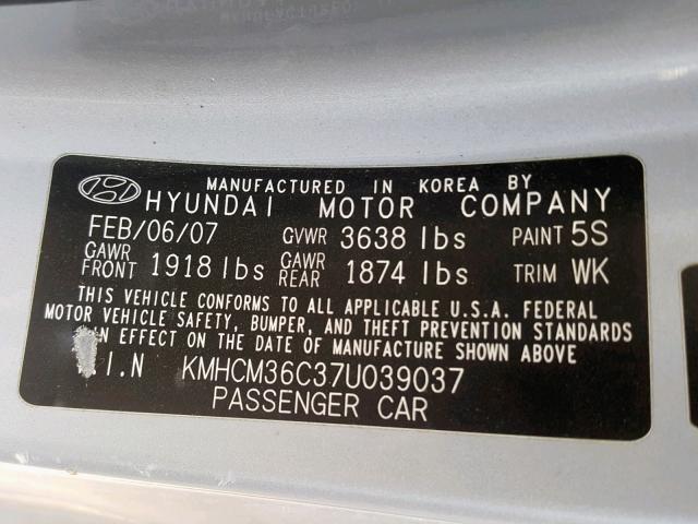 KMHCM36C37U039037 - 2007 HYUNDAI ACCENT GS SILVER photo 10