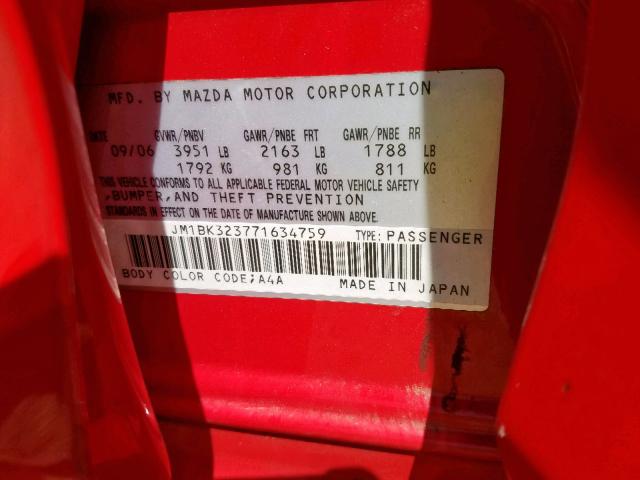 JM1BK323771634759 - 2007 MAZDA 3 S RED photo 10