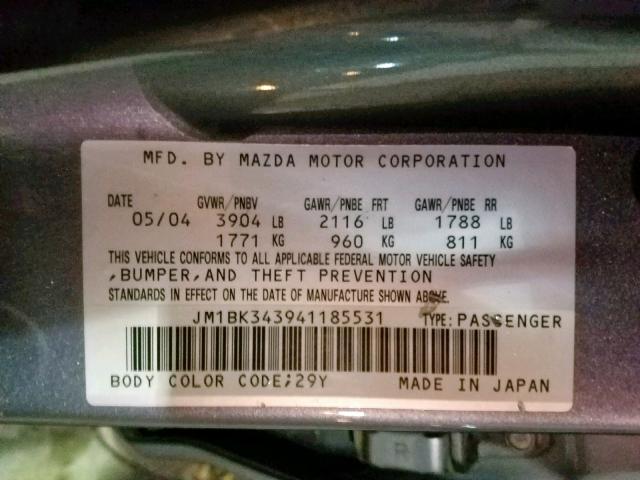 JM1BK343941185531 - 2004 MAZDA 3 HATCHBAC GRAY photo 10