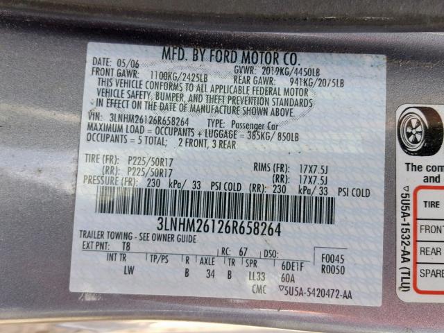 3LNHM26126R658264 - 2006 LINCOLN ZEPHYR GRAY photo 10