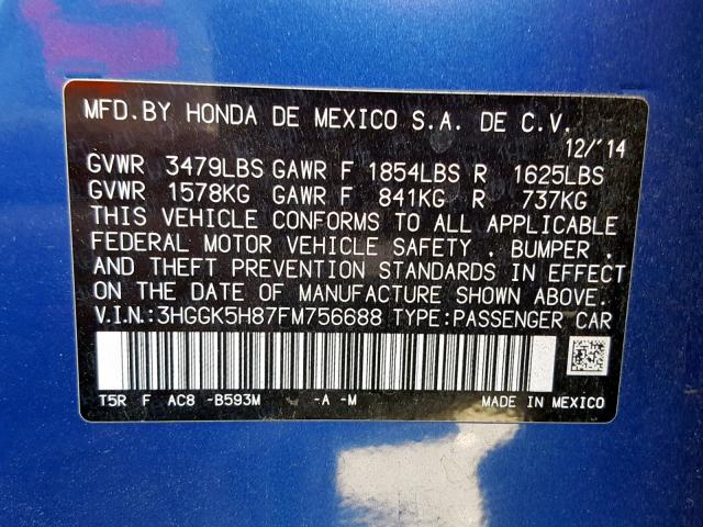 3HGGK5H87FM756688 - 2015 HONDA FIT EX BLUE photo 10