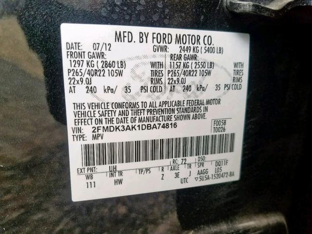 2FMDK3AK1DBA74816 - 2013 FORD EDGE SPORT BLACK photo 10