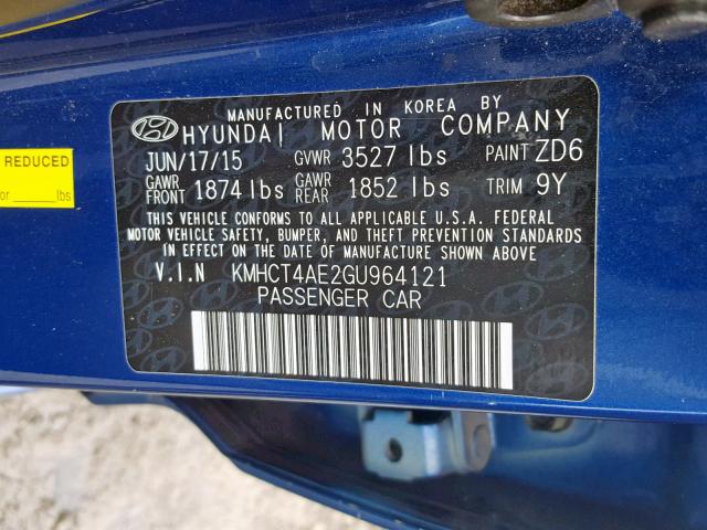 KMHCT4AE2GU964121 - 2016 HYUNDAI ACCENT SE BLUE photo 10