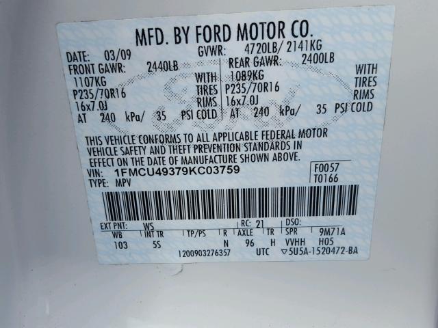 1FMCU49379KC03759 - 2009 FORD ESCAPE HYB WHITE photo 10