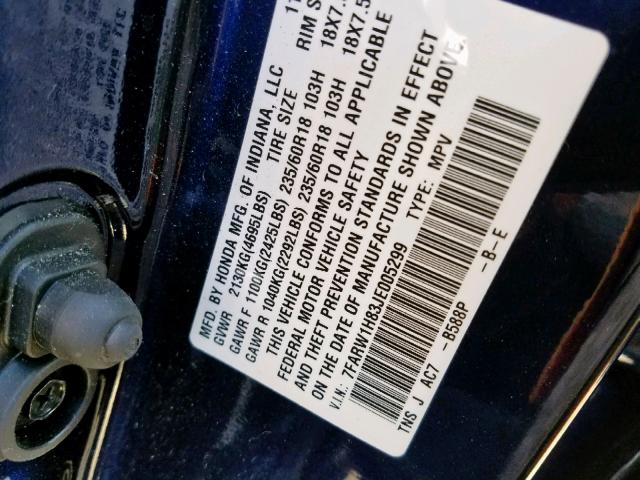 7FARW1H83JE005299 - 2018 HONDA CR-V EXL BLUE photo 10