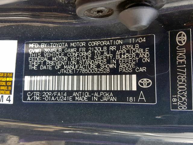 JTKDE177850032528 - 2005 TOYOTA SCION TC შავი ფოტო 10