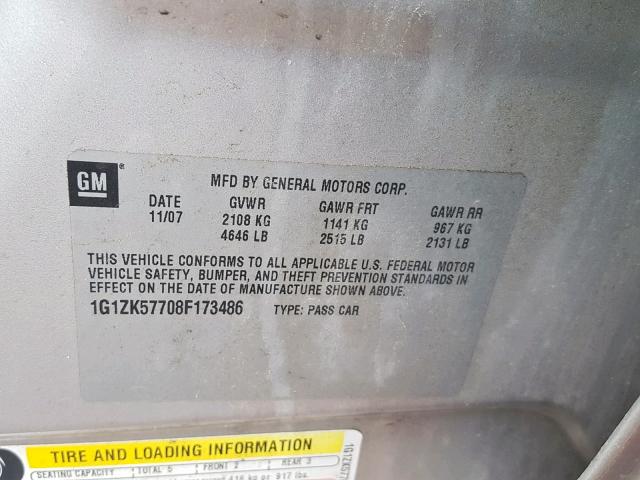 1G1ZK57708F173486 - 2008 CHEVROLET MALIBU LTZ ვერცხლისფერი ფოტო 10