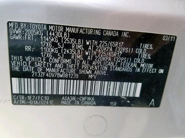 2T3ZF4DV7BW081239 - 2011 TOYOTA RAV4 SILVER photo 10