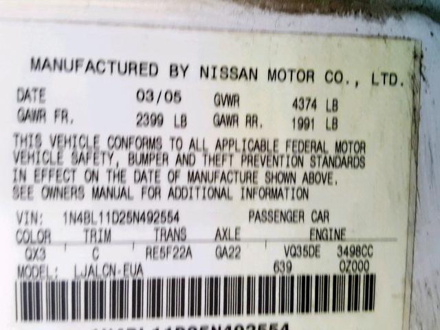 1N4BL11D25N492554 - 2005 NISSAN ALTIMA SE WHITE photo 10