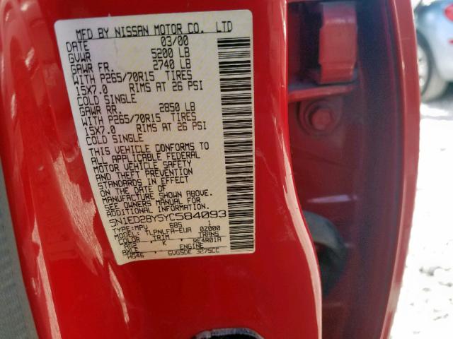 5N1ED28Y5YC584093 - 2000 NISSAN XTERRA XE RED photo 10