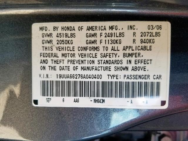 19UUA66276A040400 - 2006 ACURA 3.2TL GRAY photo 10