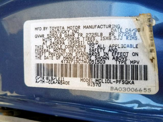 4T3ZF13C7WU051503 - 1998 TOYOTA SIENNA LE BLUE photo 10