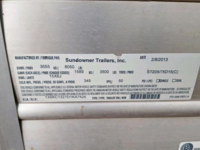 13SKC1327D1KA7525 - 2013 SUNW TRAILER WHITE photo 10