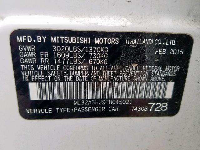 ML32A3HJ9FH045021 - 2015 MITSUBISHI MIRAGE DE WHITE photo 10