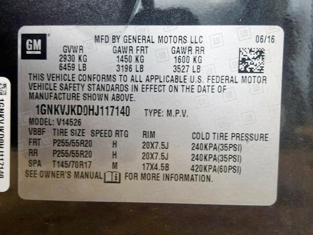 1GNKVJKD0HJ117140 - 2017 CHEVROLET TRAVERSE P GRAY photo 10