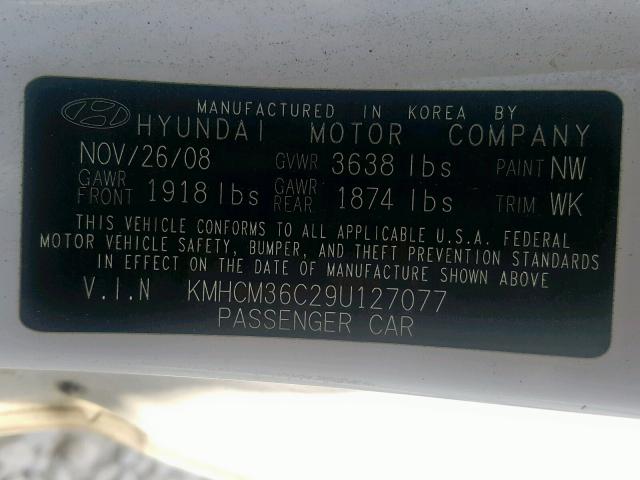 KMHCM36C29U127077 - 2009 HYUNDAI ACCENT GS WHITE photo 10