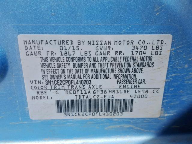 3N1CE2CP0FL410203 - 2015 NISSAN VERSA NOTE BLUE photo 10