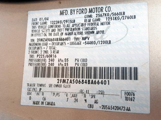 2FMZA50684BA66401 - 2004 FORD FREESTAR S SILVER photo 10