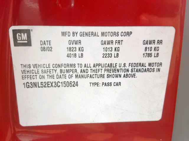 1G3NL52EX3C150624 - 2003 OLDSMOBILE ALERO GL RED photo 10