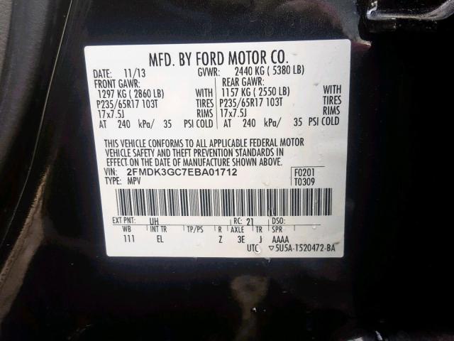 2FMDK3GC7EBA01712 - 2014 FORD EDGE SE GRAY photo 10