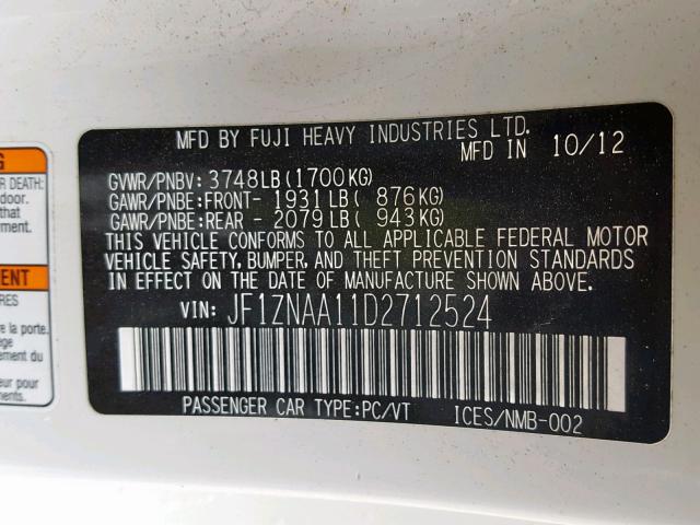 JF1ZNAA11D2712524 - 2013 TOYOTA SCION FR-S WHITE photo 10