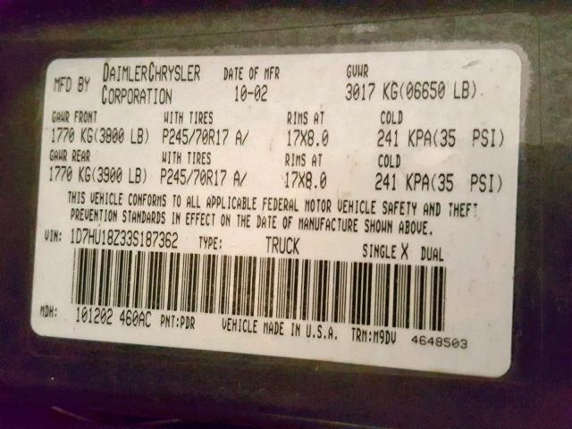 1D7HU18Z33S187362 - 2003 DODGE RAM 1500 S GRAY photo 10