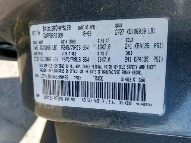 1D7HL48NX4S500488 - 2004 DODGE DAKOTA QUA GRAY photo 10