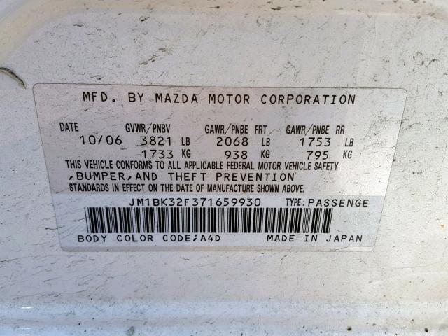 JM1BK32F371659930 - 2007 MAZDA 3 I WHITE photo 10