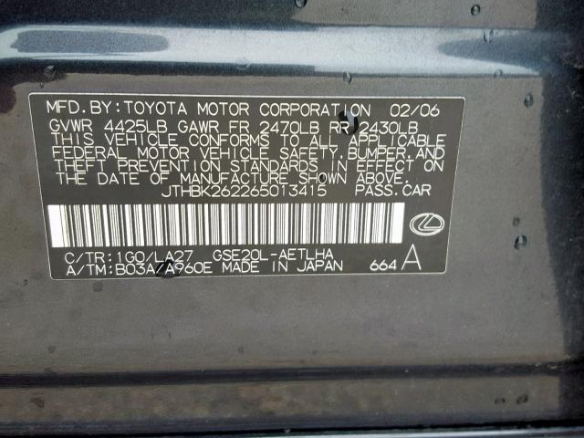 JTHBK262265013415 - 2006 LEXUS IS 250 GRAY photo 10