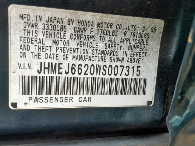 JHMEJ6620WS007315 - 1998 HONDA CIVIC DX GREEN photo 10