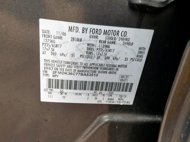 2FMDK36C77BA53510 - 2007 FORD EDGE SE GRAY photo 10