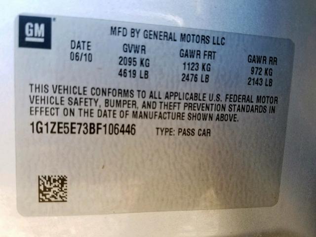 1G1ZE5E73BF106446 - 2011 CHEVROLET MALIBU LTZ 银色 照片 10